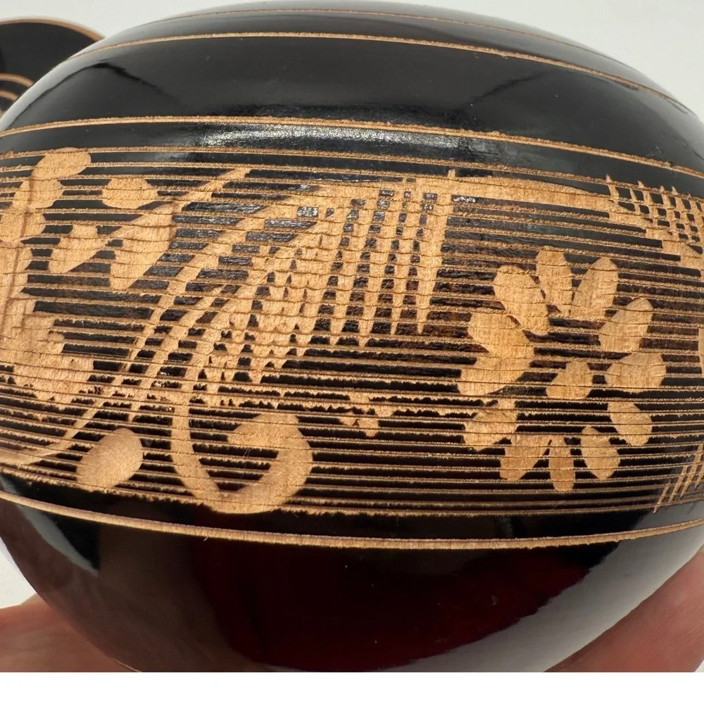 Carved Wood Trinket Box Round Lidded Jar with Knob Unique‎ Pattern-scratch